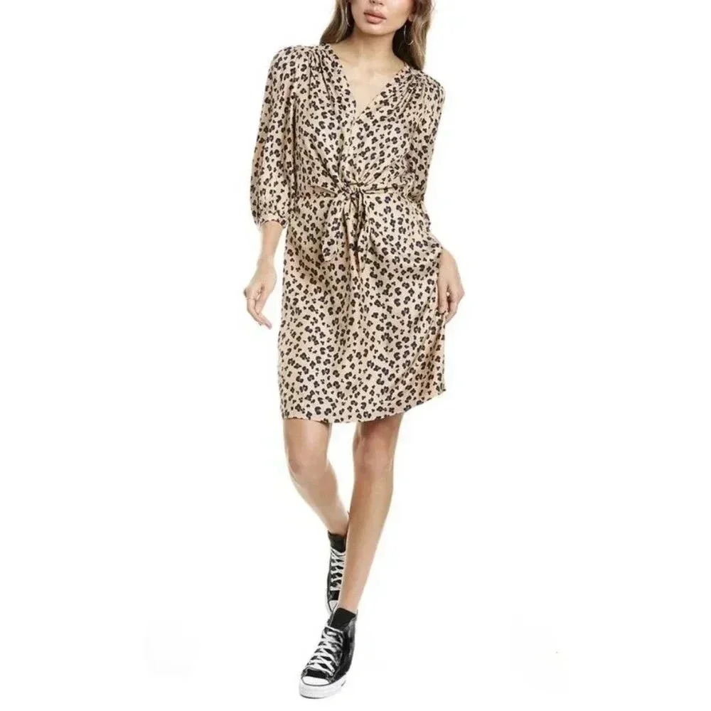 Rebecca Taylor Leopard 3/4 Sleeve Silk Self Tie Dress - size 10